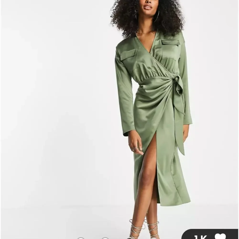 ASOS Design‎ Satin Collared Wrap Midi Shirt Khaki Size 14 NWT - Picture 3 of 7